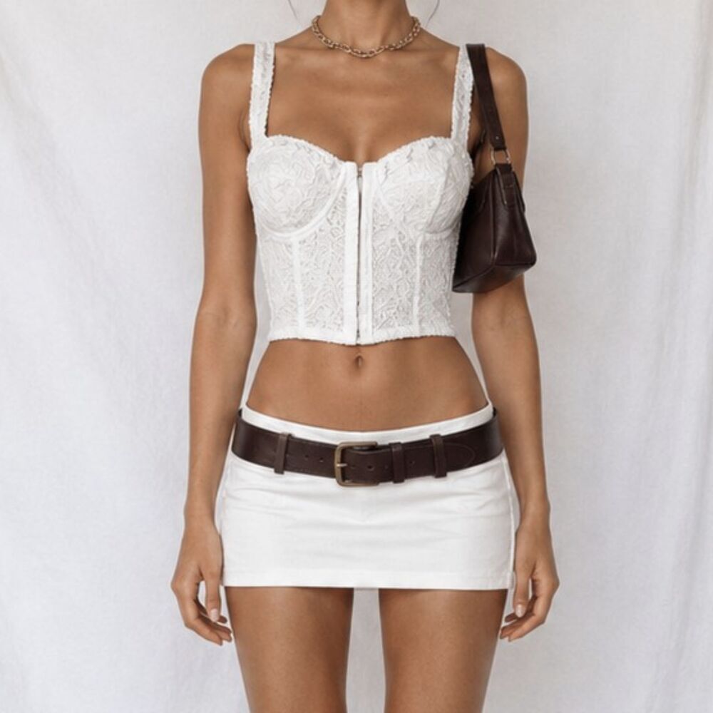 Vintage Y2K 90s White Lace Bustier Corset Cami Tank Crop Party Rave Top Size XS